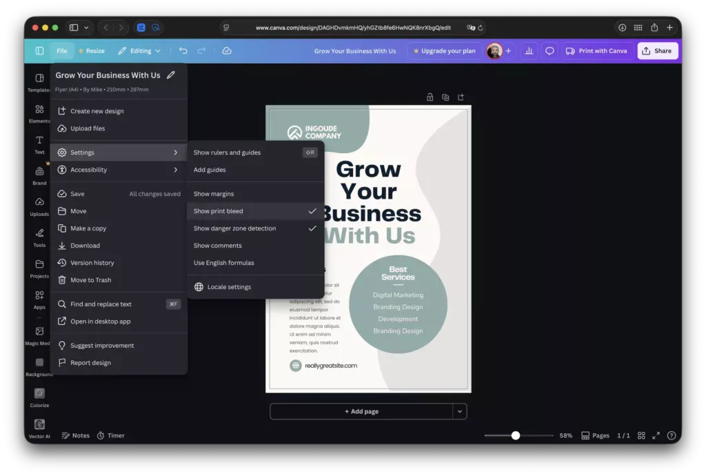 A screenshot showing how to export print ready files with Canva.