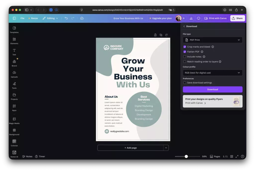 A screenshot showing how to export print ready files with Canva.