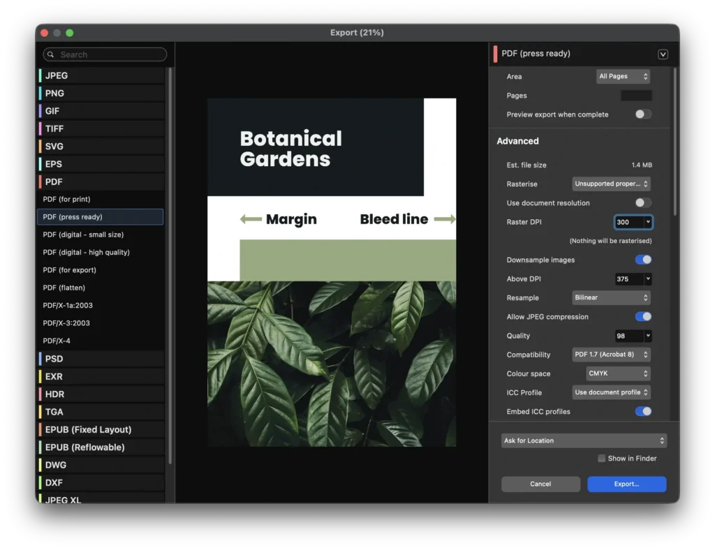 How to Export Print-Ready Files With Affinity A screenshot showing the process of exporting print ready files with Affinity.