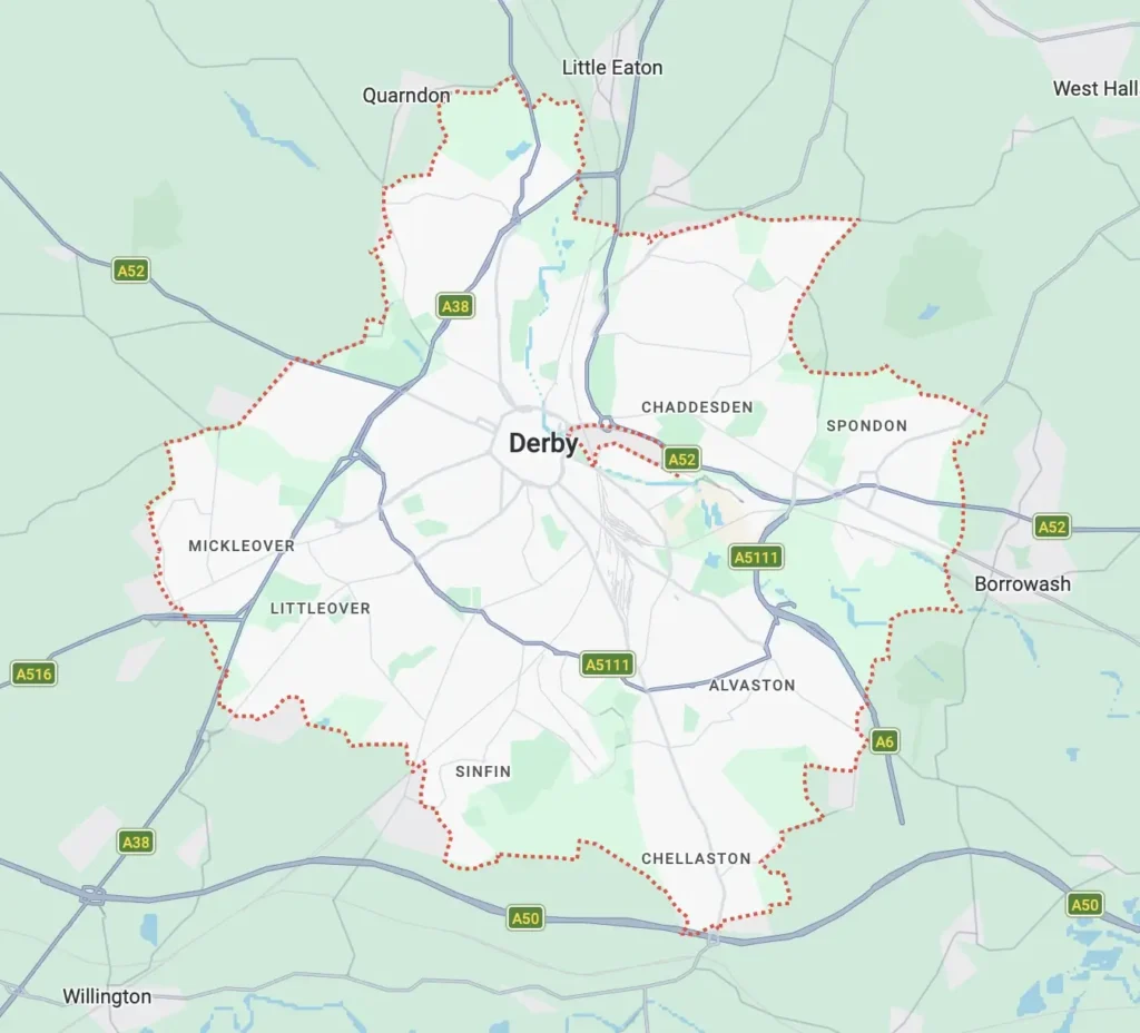 What Are The Posh And Affluent Areas of Derby? A red dotted line showing the border of the city of Derby.