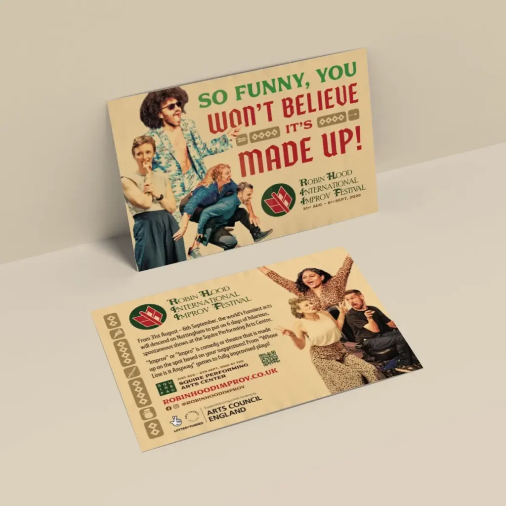 A leaflet for an improv festival for a distribution campaign in Nottingham.