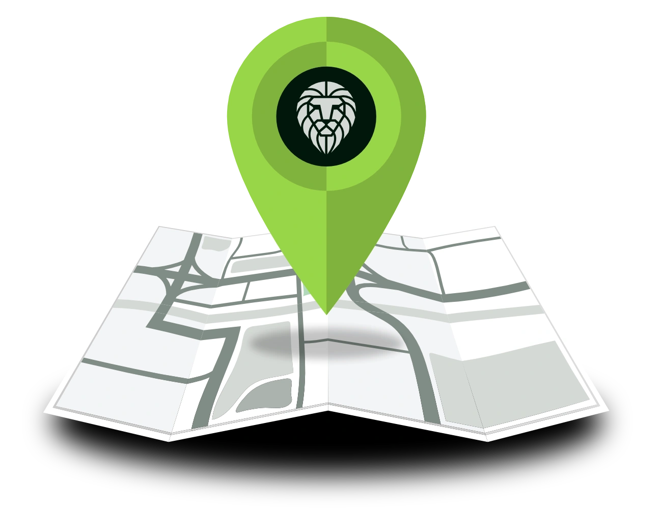 Leaflet Lion locations map and pin illustration.