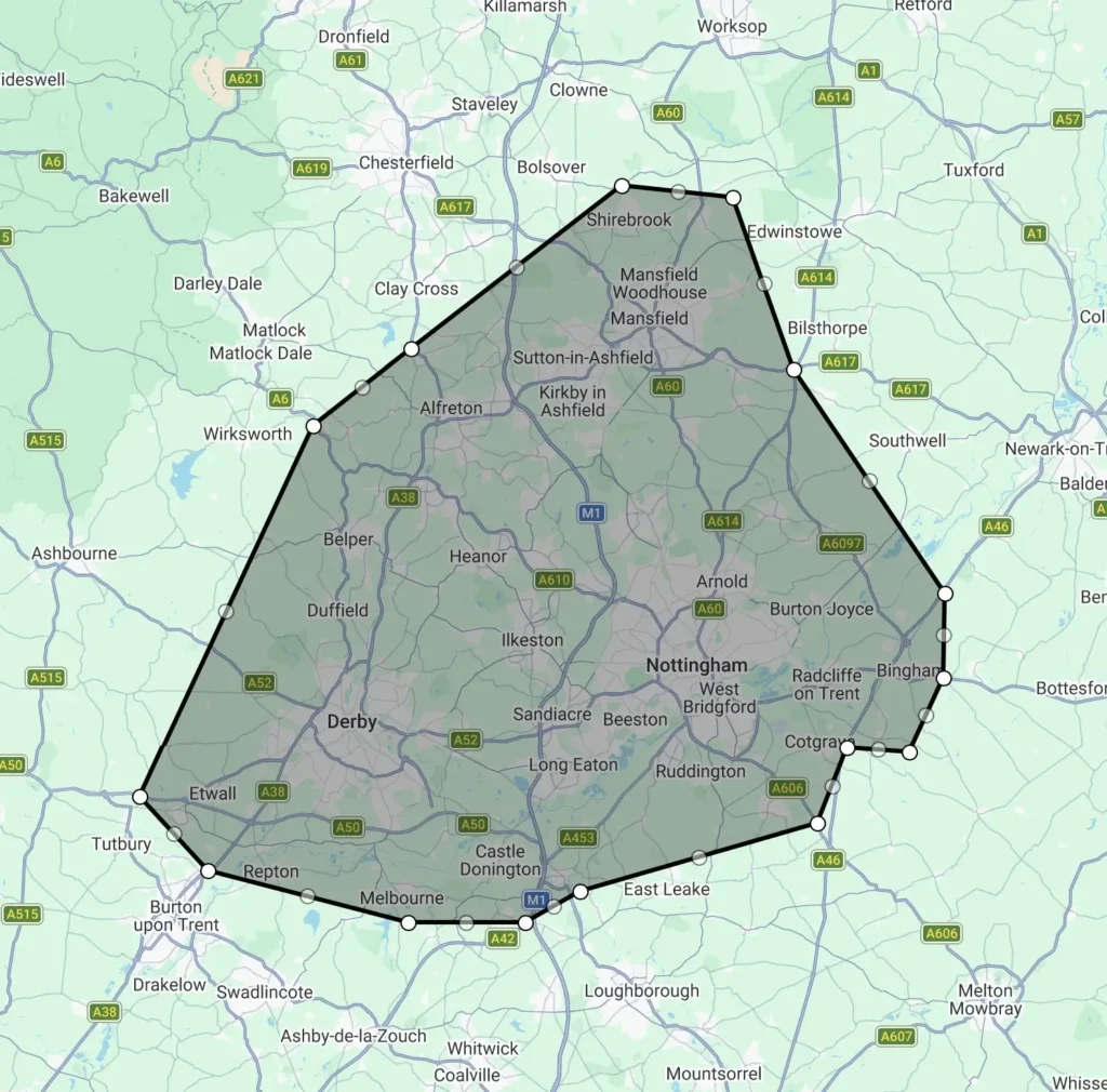 Leaflet Distribution Leaflet Lion locations: Nottingham, Derby and Mansfield shown on a map.